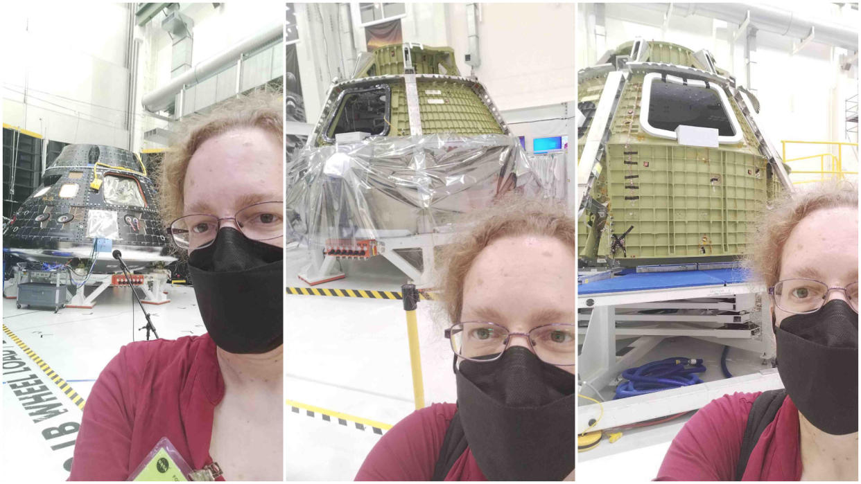  three pictures together side by side. each photo shows a person in front of a cone-shaped spacecraft in the background. the person wears a mask to avoid spreading covid-19 to other attendees 