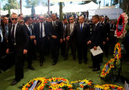 <p>President Barack Obama and Israeli Prime Minister Benjamin Netanyahu stand next to wreaths at the grave of former Israeli President Shimon Peres during the burial ceremony at the funeral at Mount Herzl Cemetery in Jerusalem on Sept. 30, 2016. (REUTERS/Ronen Zvulun)</p>