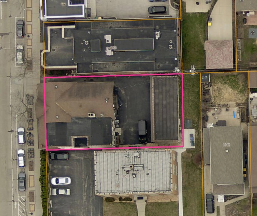 A bird's eye view shows that the parking area where Hackbarth hopes to add an outdoor patio is unused.