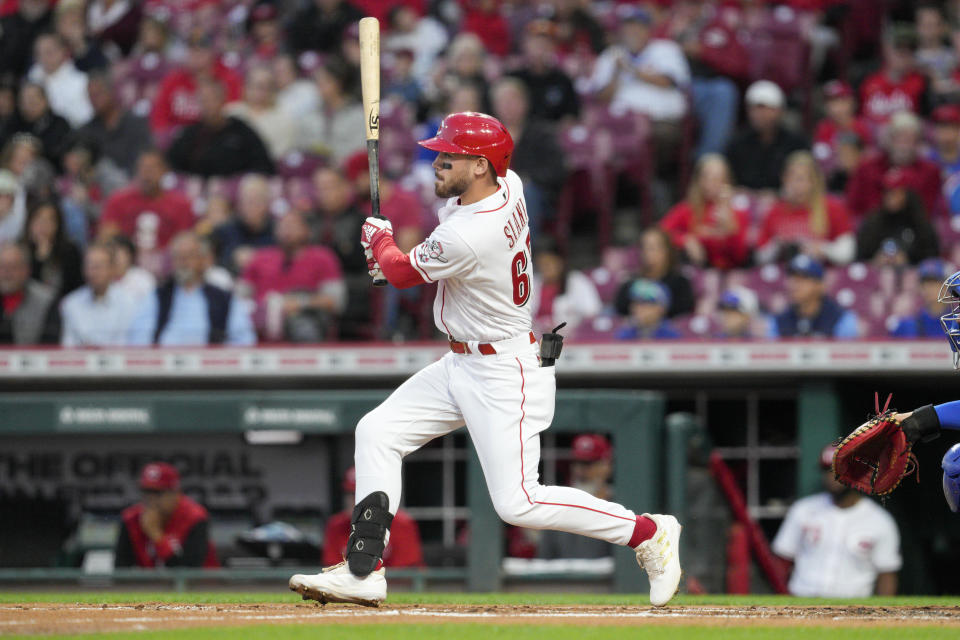 Cincinnati Reds' Mike Siani watches his single during the second inning of the team's baseball game against the Chicago Cubs on Tuesday, Oct. 4, 2022, in Cincinnati. (AP Photo/Jeff Dean)