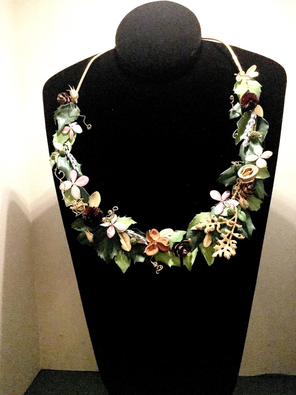 Christina Kramer's blue ribbon winner in the botanical jewelry division at the Newport Flower Show.The necklace is made entirely of plant material