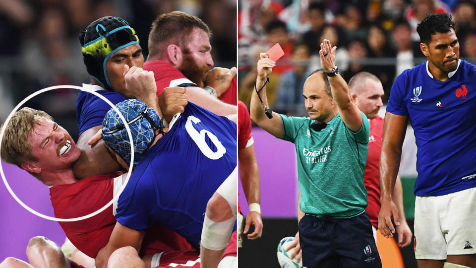 Referee Jaco Peyper sent off France's Sebastien Vahaamahina for an elbow to his Welsh opponent's head.