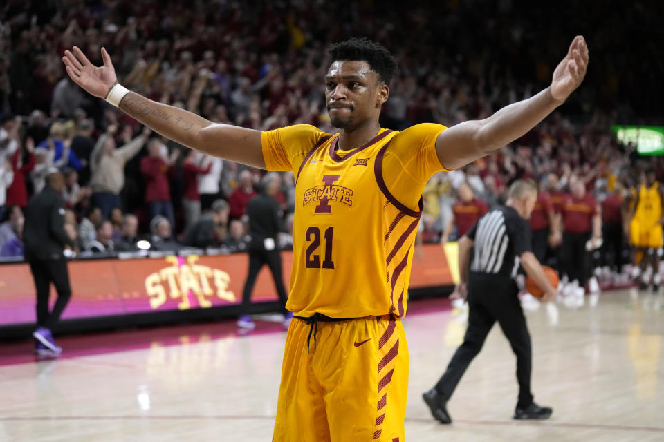 Iowa State center Osun Osunniyi celebrates at the end of an NCAA college basketball game against Kansas State, Tuesday, Jan. 24, 2023, in Ames, Iowa. Iowa State won 80-76. (AP Photo/Charlie Neibergall)