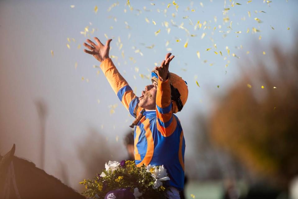 Jockey Irad Ortiz Jr. celebrates his victory on Forte in the Breeders’ Cup Juvenile at Keeneland Race Course in Lexington last fall. Ortiz has ridden the 3-year-old to two additional victories since then and will be aboard again Saturday in the 149th Kentucky Derby.