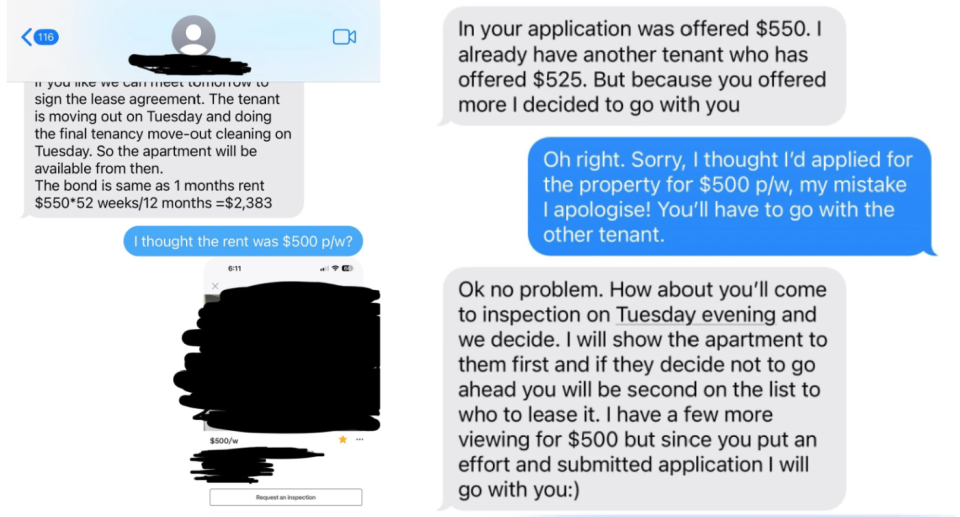 Text message conversation between renter and landlord
