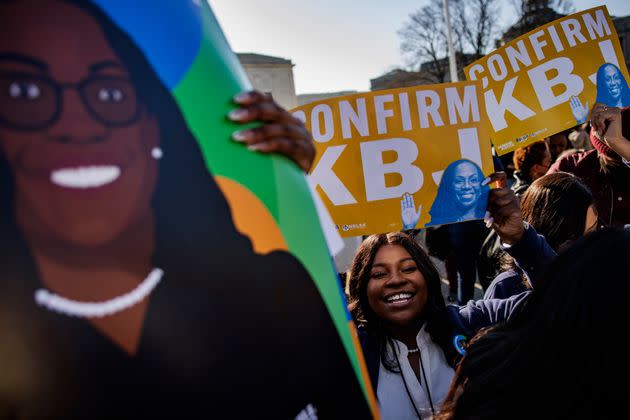 Law students from Southern University Law Center traveled from Baton Rouge, Louisiana, to support Judge Ketanji Brown Jackson outside the U.S. Capitol on March 21, 2022. (Photo: Samuel Corum via Getty Images)