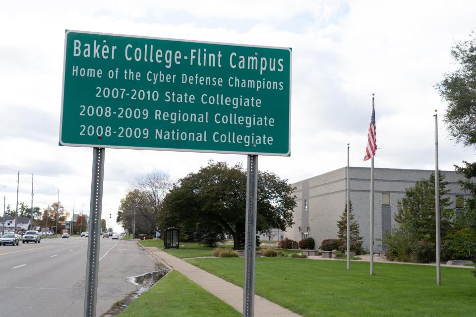 A sign along Bristol Road in Flint outside of the former Baker College campus.