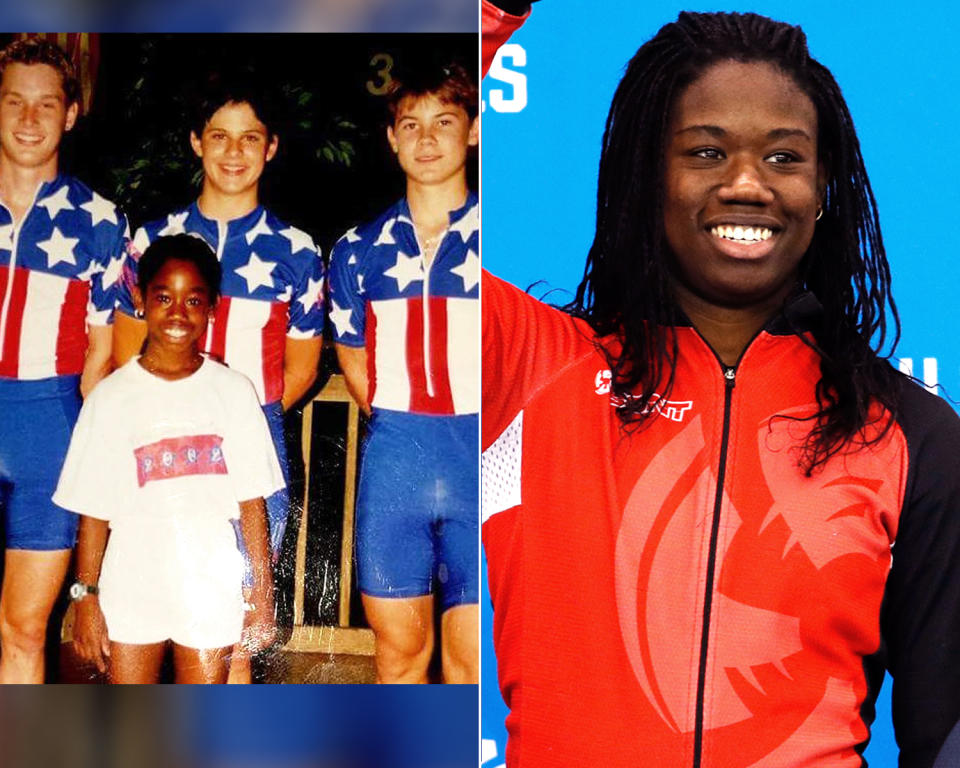 <p><strong>THEN:</strong> Erin Jackson in 2002. She switched from figure skating to speed skating a year later.<br><strong>NOW:</strong> She’s the first African-American woman to compete in Olympic long-track skating.<br> (Photo via Instagram/speedyj, AP Photo/John Locher) </p>