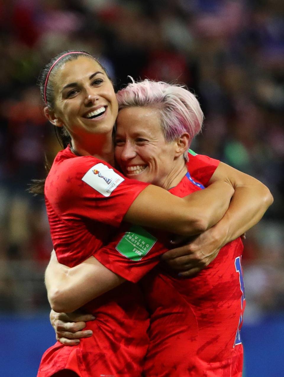 Alex Morgan hugs USWNT teammate Megan Rapinoe during a match in 2019. The U.S. Women’s National Team plays Korea Republic in Kansas City, Kan., Thursday night.