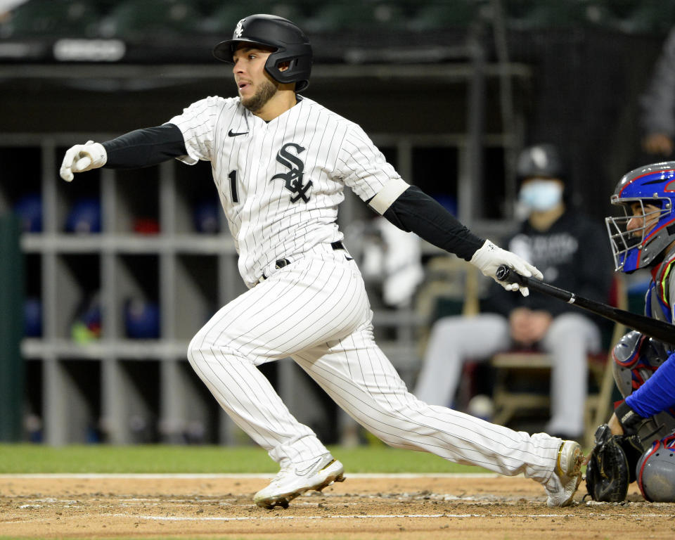 CHICAGO - APRIL 23:  Nick Madrigal #1 of the Chicago White Sox bats against the Texas Rangers on April 23, 2021 at Guaranteed Rate Field in Chicago, Illinois.  (Photo by Ron Vesely/Getty Images)