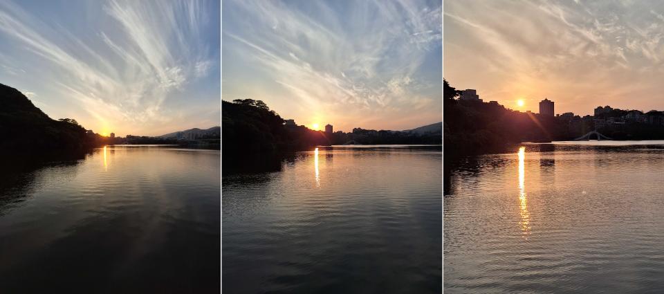 ▲在日落的環境下拍攝(左至右)超廣角、1倍和2倍的實拍圖 。