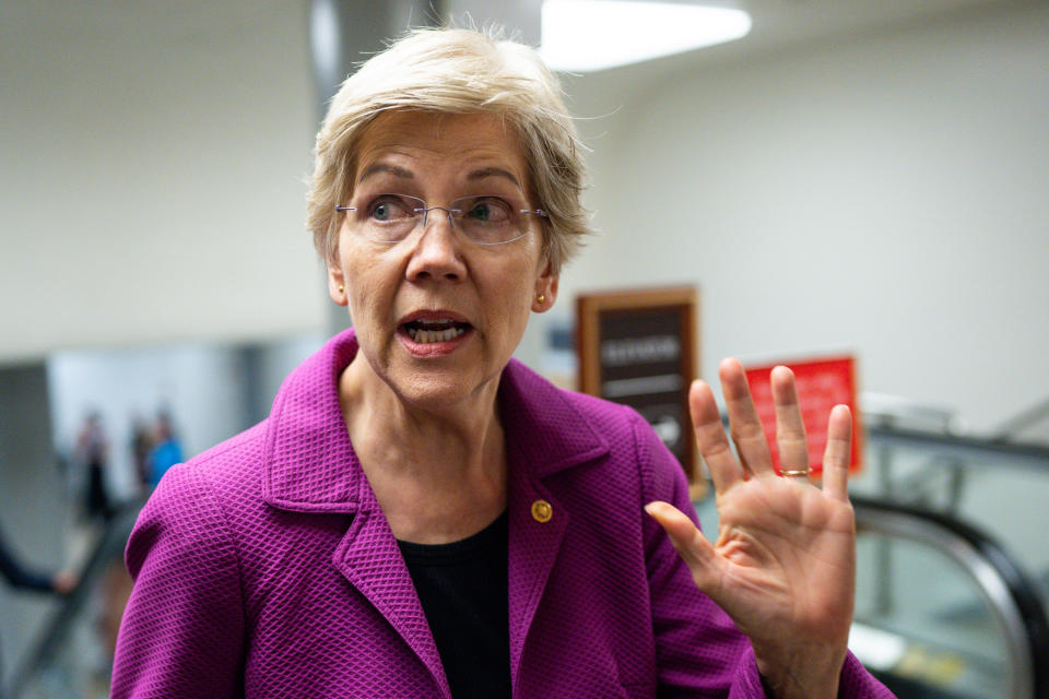 WASHINGTON - MAY 31: Sen. Elizabeth Warren, D-Mass., speaks to reporters in the Senate subway in the Capitol on Wednesday, May 31, 2023. (Bill Clark/CQ-Roll Call, Inc via Getty Images)