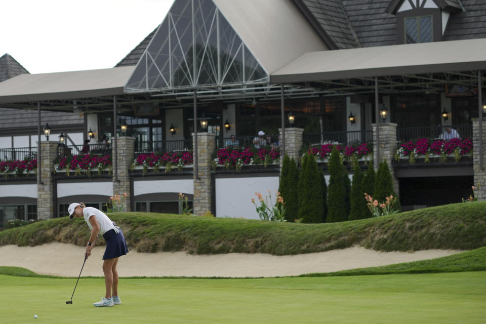 Elizabeth Szokol putts on the ninth green during the first round of the LPGA Kroger Queen City Championship golf tournament in Cincinnati, Thursday, Sept. 7, 2023. (AP Photo/Aaron Doster)