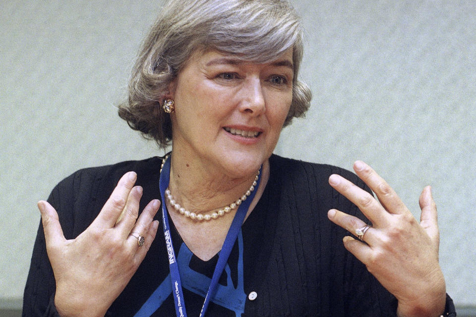 FILE - Pat Schroeder speaks to a reporter during an interview at the Los Angeles Convention Center on April 30, 1999. Schroeder, a former Colorado representative and pioneer for women's and family rights in Congress, died Monday night, March 13, 2023, at the age of 82. Schroeder's former press secretary, Andrea Camp, said Schroeder suffered a stroke recently and died at a hospital in Florida, the state where she had been residing. (AP Photo/Nick Ut, File)