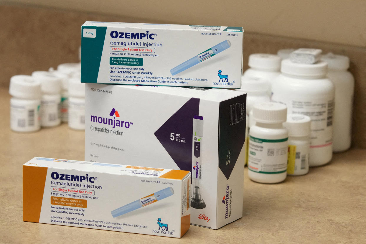 FILE PHOTO: Boxes of Ozempic and Mounjaro, semaglutide and tirzepatide injection drugs used for treating type 2 diabetes and made by Novo Nordisk and Eli Lilly, is seen at a Rock Canyon Pharmacy in Provo, Utah, U.S. March 29, 2023. REUTERS/George Frey/File Photo