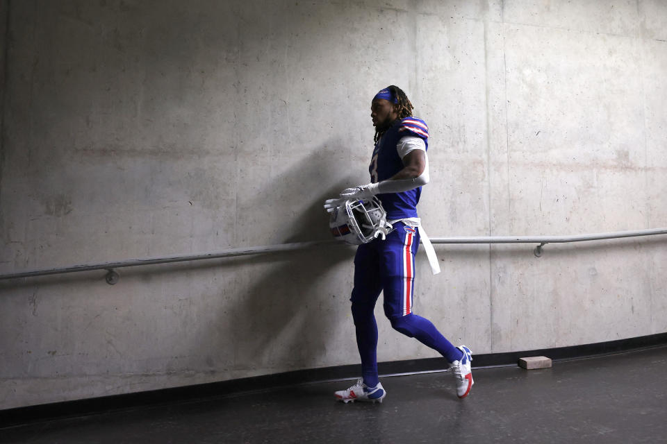 Damar Hamlin walks through a tunnel during pregame against the Cleveland Browns at Ford Field on No. 20, 2022 in Detroit.