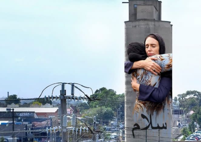 An artist's depiction on what the finished Jacinda Ardern mural should look like on the Tinning Street silos in Melbourne.