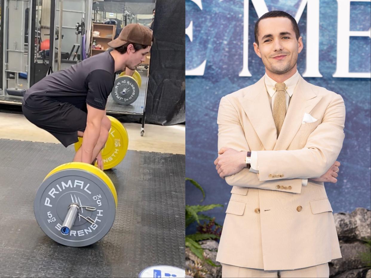 Jonah Hauer-King doing deadlifts while training to play Prince Eric in "The Little Mermaid," and at the London premiere.