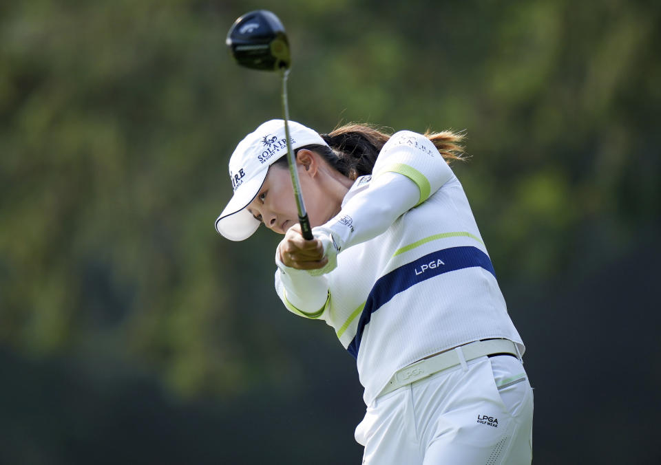 Jin Young Ko, of South Korea, hits her tee shot on the seventh hole during the final round of the CPKC Women’s Open golf tournament Sunday, Aug. 27, 2023, in Vancouver, British Columbia. (Darryl Dyck/The Canadian Press via AP)