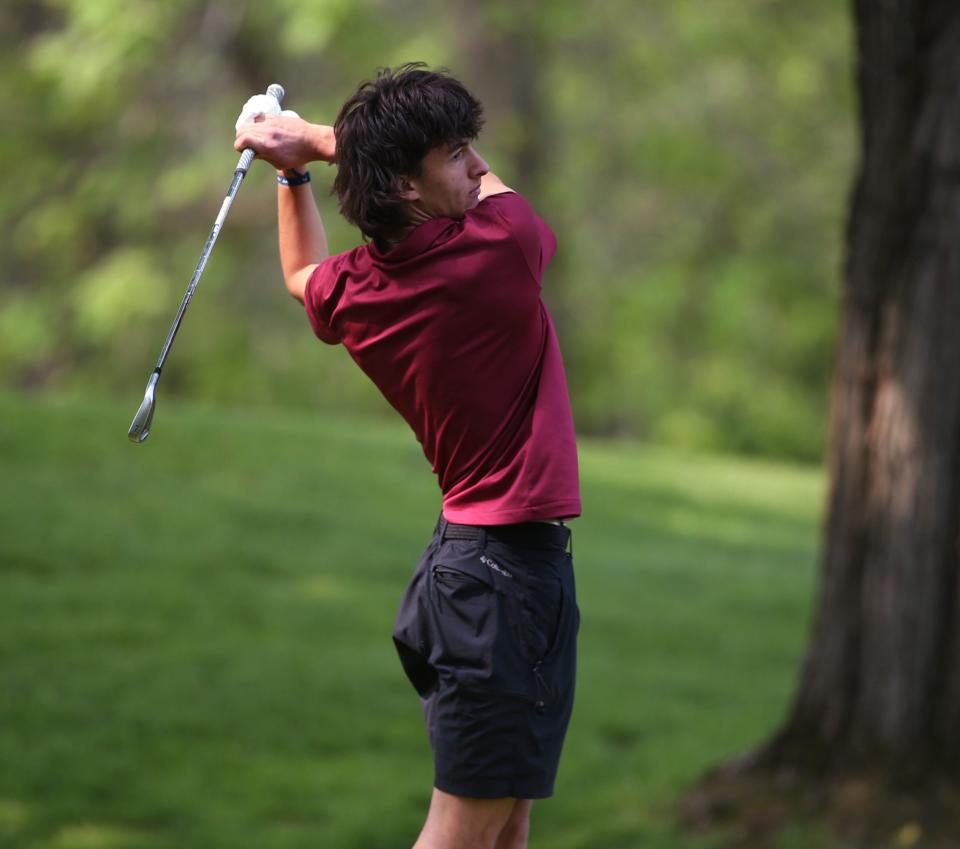 New Paltz's Oliver Watson on the seventh hole at the Powelton Club in Newburgh during round 1 of the Section 9 golf championship on May 23, 2023.