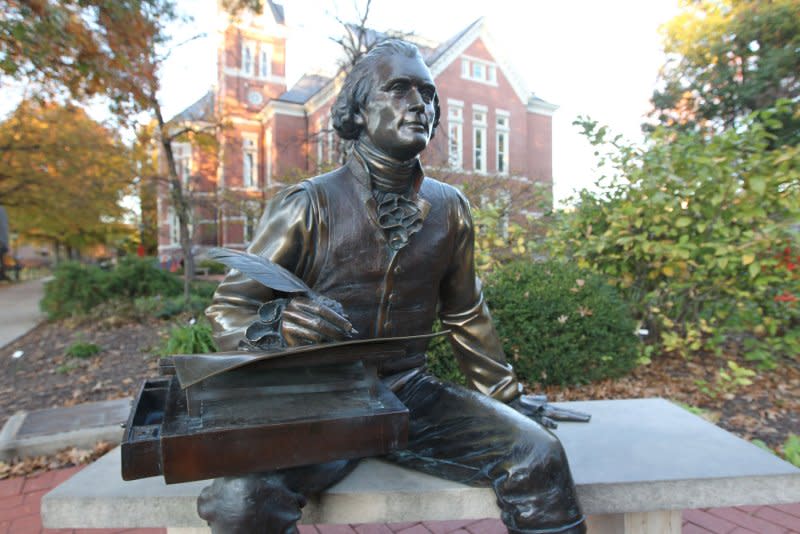 A statue of Thomas Jefferson sits near the columns on the Francis Quadrangle at the University of Missouri in Columbia, Mo., on November 7, 2015. On February 17, 1801, the U.S. House chose Jefferson as the third president of the United States after he and Aaron Burr tied in the Electoral College. File Photo by Bill Greenblatt/ UPI