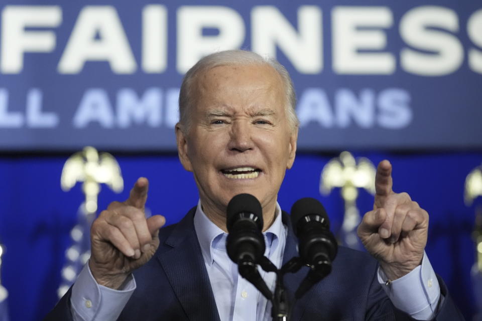 President Joe Biden speaks at a campaign event, Tuesday, April 16, 2024, in Scranton, Pa. Biden has begun three straight days of campaigning in Pennsylvania in his childhood hometown of Scranton. The Democratic president is using the working class city of roughly 75,000 as the backdrop for his pitch for higher taxes on the wealthy. (AP Photo/Alex Brandon)