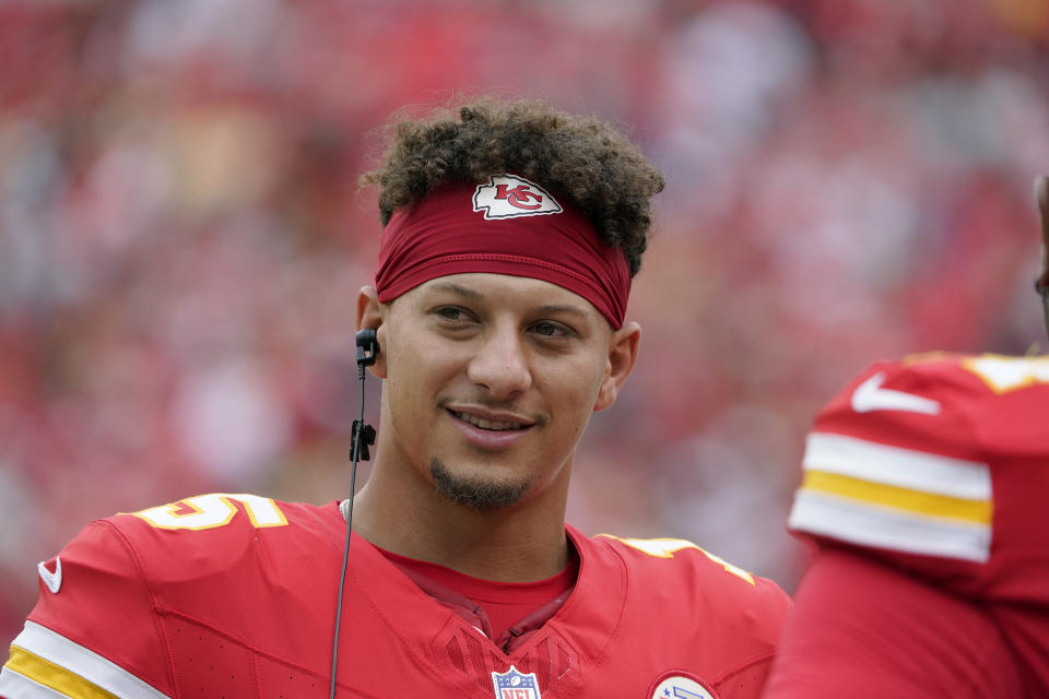 Kansas City Chiefs quarterback Patrick Mahomes watches from the sidelines during the first half of an NFL preseason football game against the Cleveland Browns Saturday, Aug. 26, 2023, in Kansas City, Mo. (AP Photo/Ed Zurga)