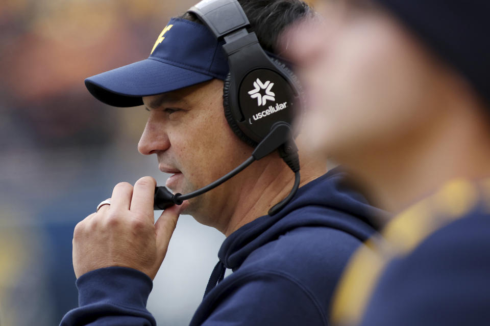 West Virginia head coach Neal Brown looks on during the first half of an NCAA college football game against Oklahoma StateSaturday, Oct. 21, 2023, in Morgantown, W.Va. (AP Photo/Chris Jackson)