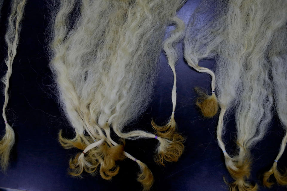 Natural hair that was sold for money and then bleached, sits on a table at a beauty salon in Caracas, Venezuela, Tuesday, April 2, 2019. The sale of real hair has become an increasingly recurrent activity among poor women who have been forced to put aside personal care during Venezuela's economic crisis. (AP Photo/Natacha Pisarenko)