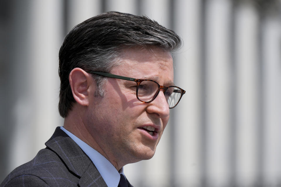 Speaker of the House Mike Johnson, R-La., talks to reporters about requiring American citizenship to vote in national elections, as they introduce the Safeguard American Voter Eligibility Act, at the Capitol in Washington, Wednesday, May 8, 2024. (AP Photo/J. Scott Applewhite)