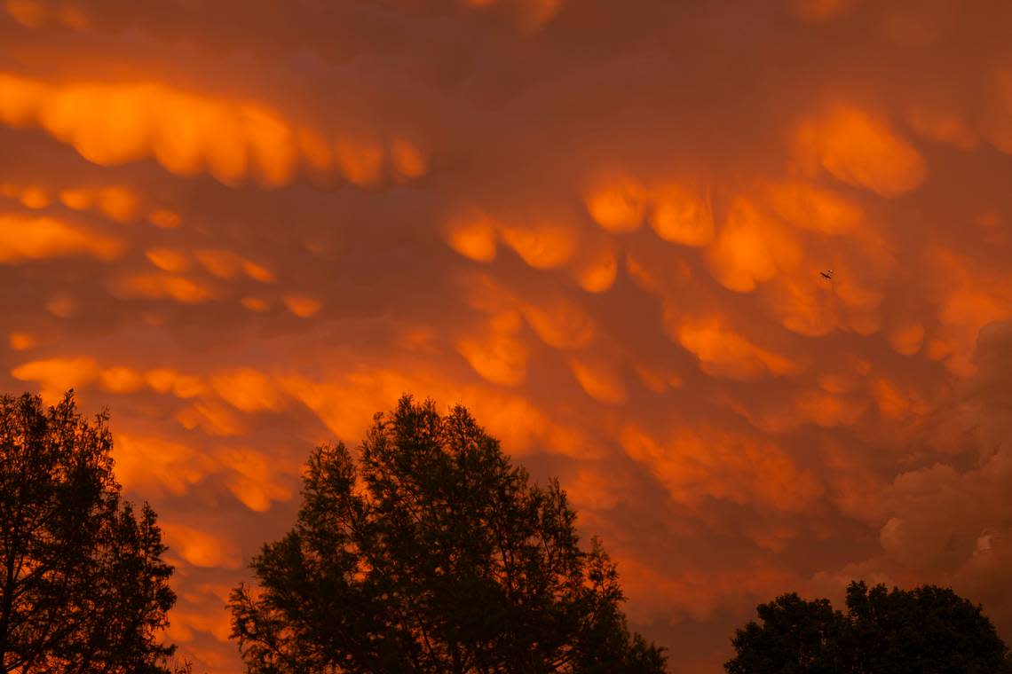 Mammatus clouds, which are formed in tall thunderstorms, seen from west Wichita on Tuesday evening. Jaime Green/The Wichita Eagle