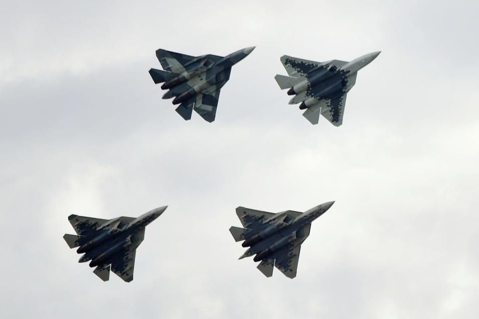 Sukhoi Su-57 fighter jets perform at the MAKS 2019 air show in Zhukovsky, outside Moscow, Russia, August 27, 2019.