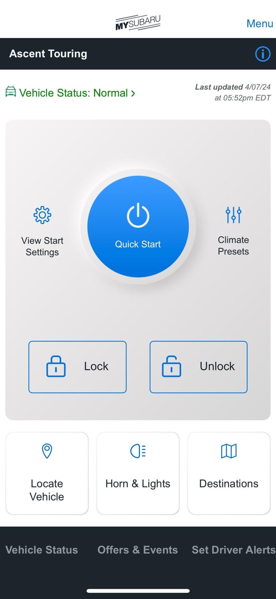 A screenshot of the Subaru's MySubaru App that allows drivers to remotely start, lock, and unlock their vehicles.