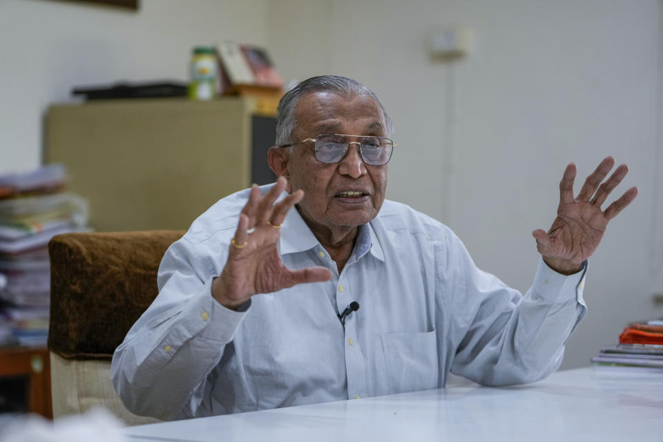 Gujarat's former Chief Secretary, P. K. Laheri speaks during an interview with the Associated Press at his office in Ahmedabad, India, April 8, 2024. The former senior bureaucrat said Modi “does not risk anything" when it comes to winning. he goes into the election thinking the party won't miss a single seat. (AP Photo/Ajit Solanki)