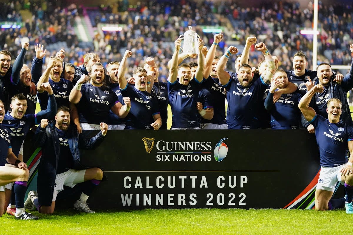 Scotland players celebrate with the Calcutta Cup in 2022 (Jane Barlow/PA) (PA Archive)