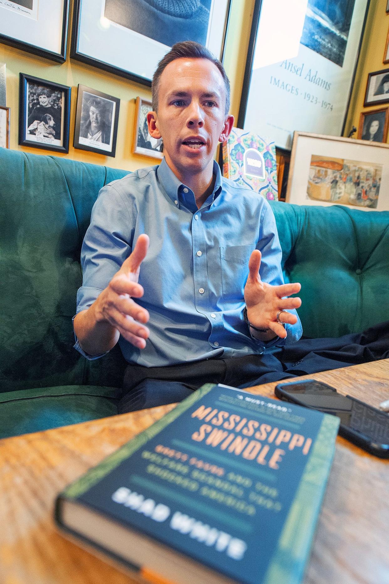 State Auditor Shad White speaks during a signing for his new book, “Mississippi Swindle” at Lemuria in Jackson, Tuesday, Aug. 6. The book traces the Mississippi welfare scandal.