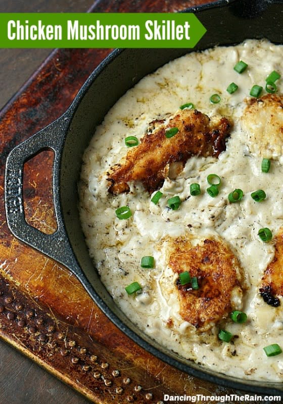 <p>Dancing Through The Rain</p><p>This skillet chicken recipe is flavorful and easy to make!</p><p><strong>Get the recipe: <a href="https://dancingthroughtherain.com/skillet-chicken-with-mushrooms/" rel="nofollow noopener" target="_blank" data-ylk="slk:Skillet Chicken with Mushrooms;elm:context_link;itc:0;sec:content-canvas" class="link rapid-noclick-resp">Skillet Chicken with Mushrooms</a></strong></p>