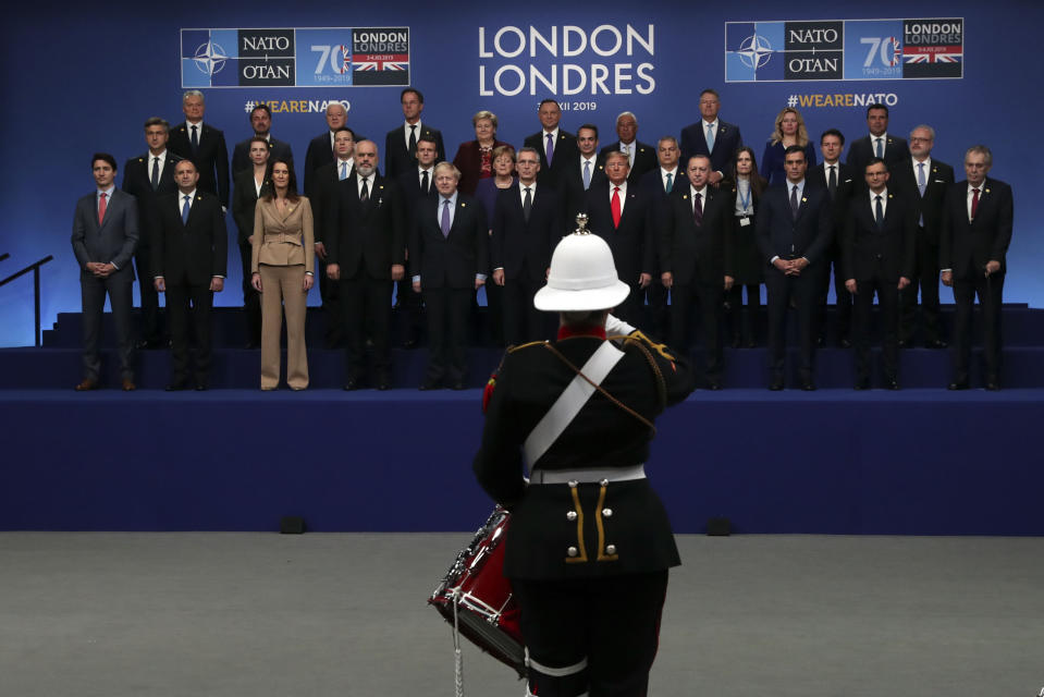 Drummers from the band of the Royal Marines play for the leaders during the annual Nato heads of government summit at The Grove hotel in Watford, Hertfordshire.