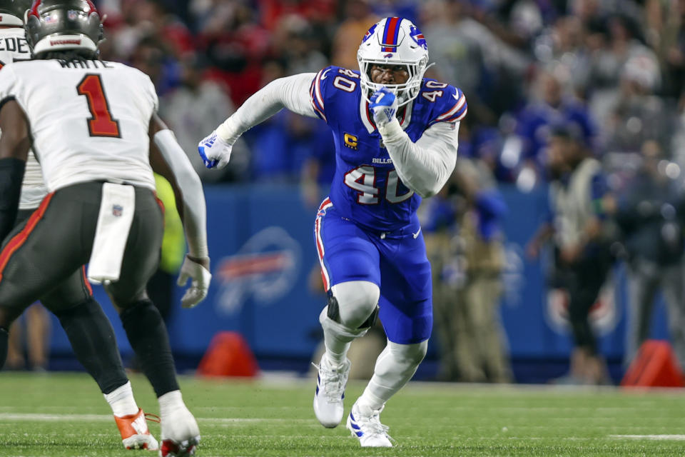 FILE - Buffalo Bills linebacker Von Miller (40) rushes during an NFL football game against the Tampa Bay Buccaneers, Thursday, Oct. 26, 2023, in Orchard Park, N.Y. Bills premier edge rusher Von Miller says his surgically repaired right knee has shown gradually improvement with Buffalo preparing to host his former team on Monday night. (AP Photo/Gary McCullough, File)