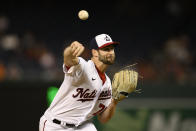 Washington Nationals starting pitcher Cory Abbott throws during the first inning of a baseball game against the Atlanta Braves, Monday, Sept. 26, 2022, in Washington. (AP Photo/Nick Wass)