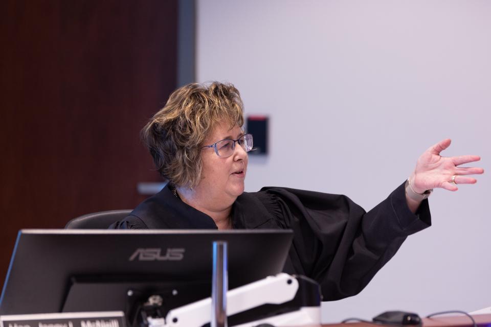 Muskegon County 14th Circuit Court Judge Jenny McNeill oversees an evidentiary hearing on Friday, Jan. 19, 2024, as part of Ottawa County Health Officer Adeline Hambley's lawsuit against the Ottawa County Board of Commissioners.