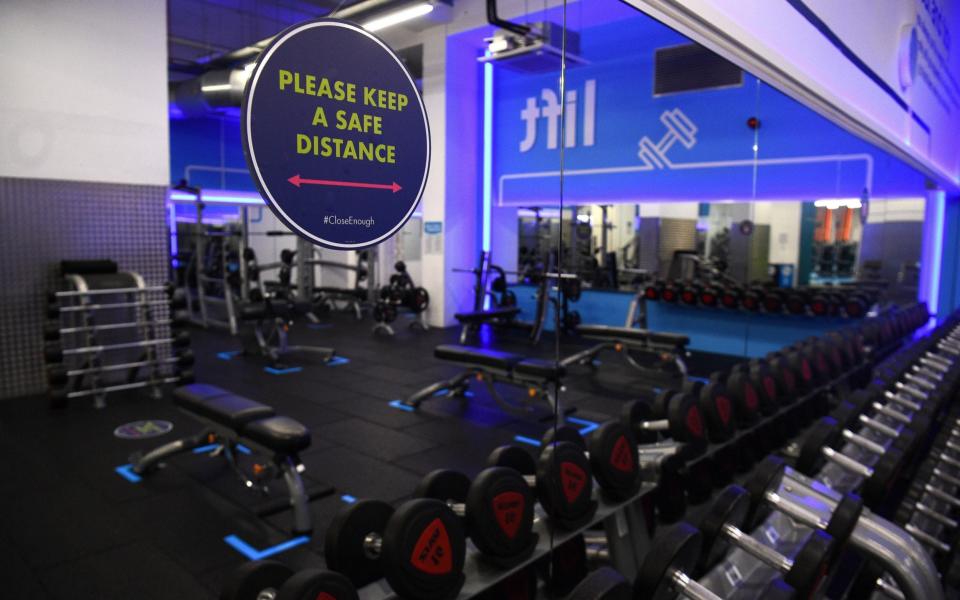  Social distancing markers inside the Gym Group in Vauxhall, London, after it was announced that gyms will be allowed to reopen from 25 July. - PA/Kirsty O'Connor 