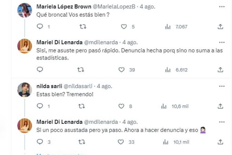 En sucesivos tuits, Mariel Di Lenarda contó más detalles de cómo fue el hecho que sufrió y también aseguró que ella estaba bien, pese al susto que pasó