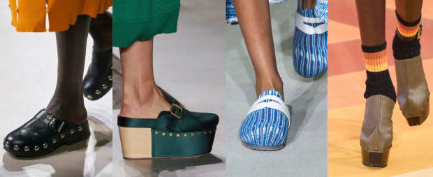 Chunky clogs on the Spring 2023 runways. From left to right: Ports 1961, Vitelli, Etro, Ester Manas.<p>Photos: Imaxtree</p>