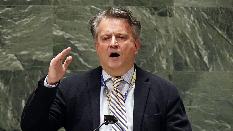 Ukrainian U.N. Ambassador Sergiy Kyslytsya addresses an emergency session of the General Assembly on Monday.