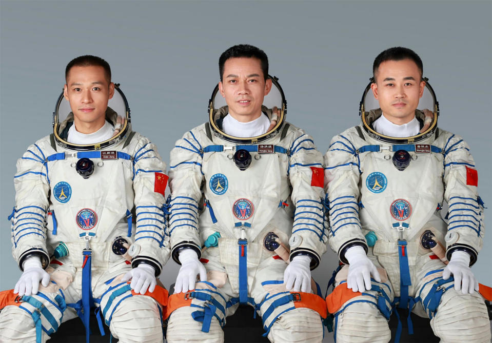 The Shenzhou 17 crew (left to right): Jiang Xinlin, commander Tang Hongbo and Tang Shengjie. / Credit: China Manned Space Agency