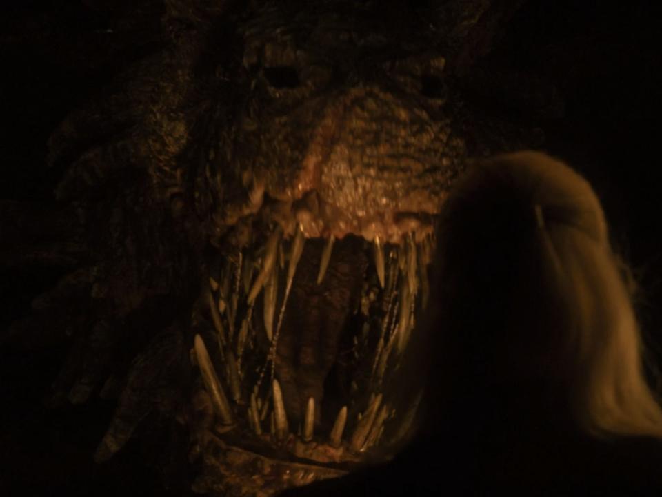 A dragon baring its teeth at a man with blonde hair.