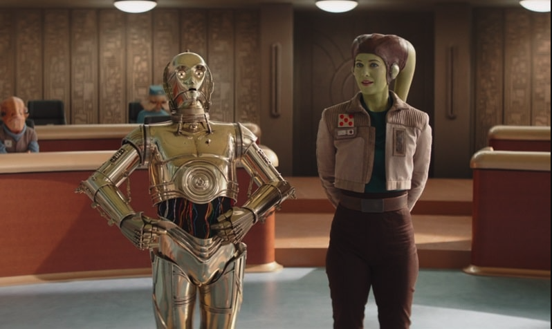 Original Star Wars character C-3PO (Anthony Daniels) makes an appearance in Ahsoka with General Hera Syndulla (Mary Elizabeth Winstead). (Disney+)