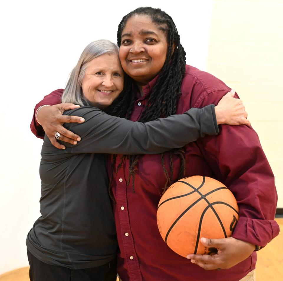 Myers Park girls head basketball coach Barbara Nelson, left and former Providence Day basketball star Konecka Drakeford, right, are the coach and player of the Sweet 16 era (1984-present) on Tuesday, March 19, 2024. JEFF SINER/jsiner@charlotteobserver.com