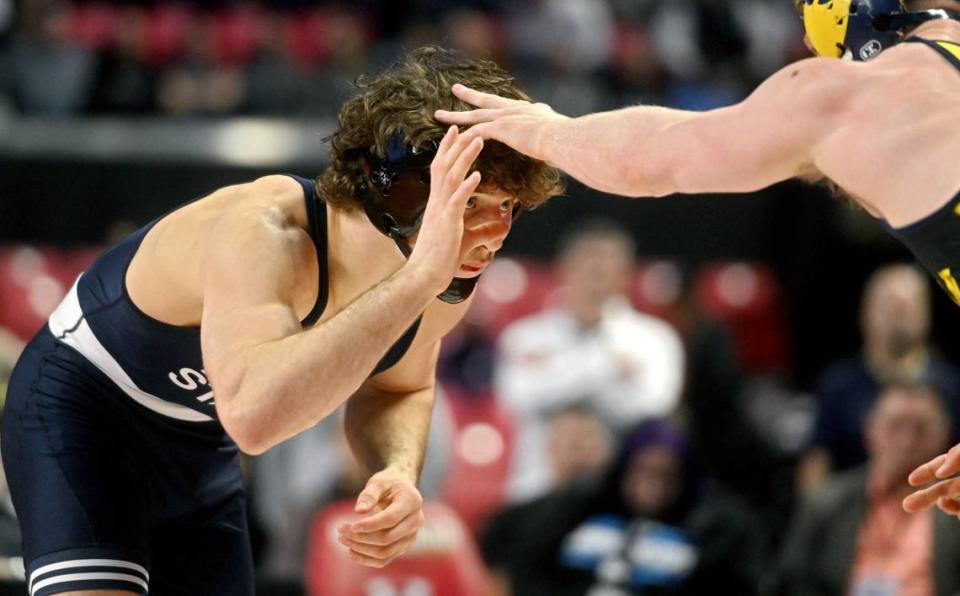 Penn State’s Levi Haines faces Michigan’s Will Lewan in the 157 lb championship bout of the Big Ten Wrestling tournament at the Xfinity Center at the University of Maryland on Sunday, March 10, 2024. Abby Drey/adrey@centredaily.com